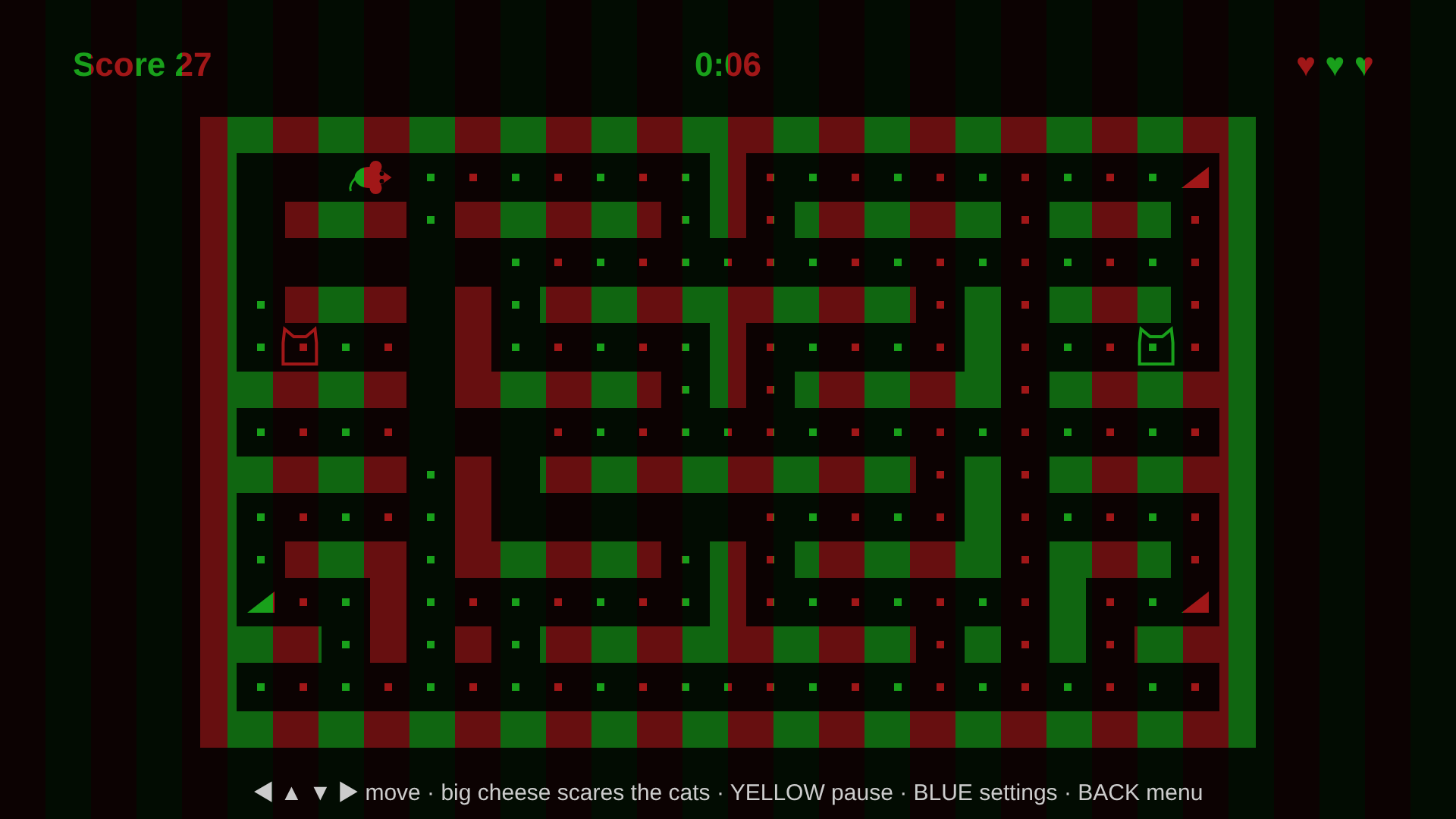 Maze Mouse: a mouse in a maze with crumbs and a cat